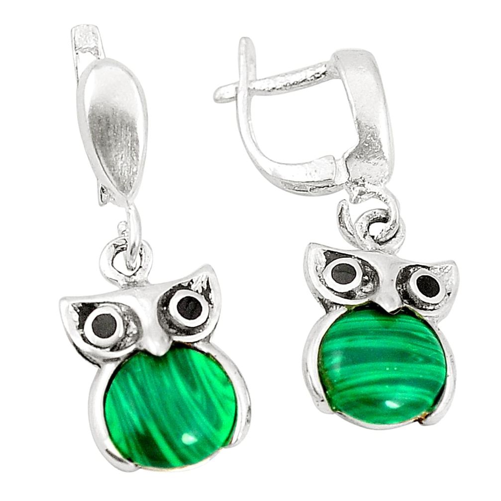 Natural green malachite (pilots stone) 925 silver owl earrings c11776