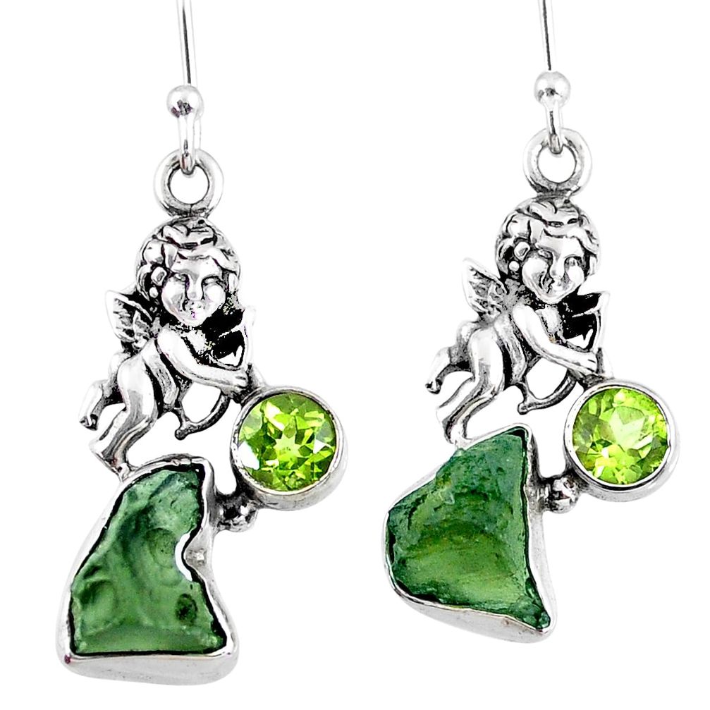 9.47cts natural green moldavite (genuine czech) 925 silver angel earrings r57261