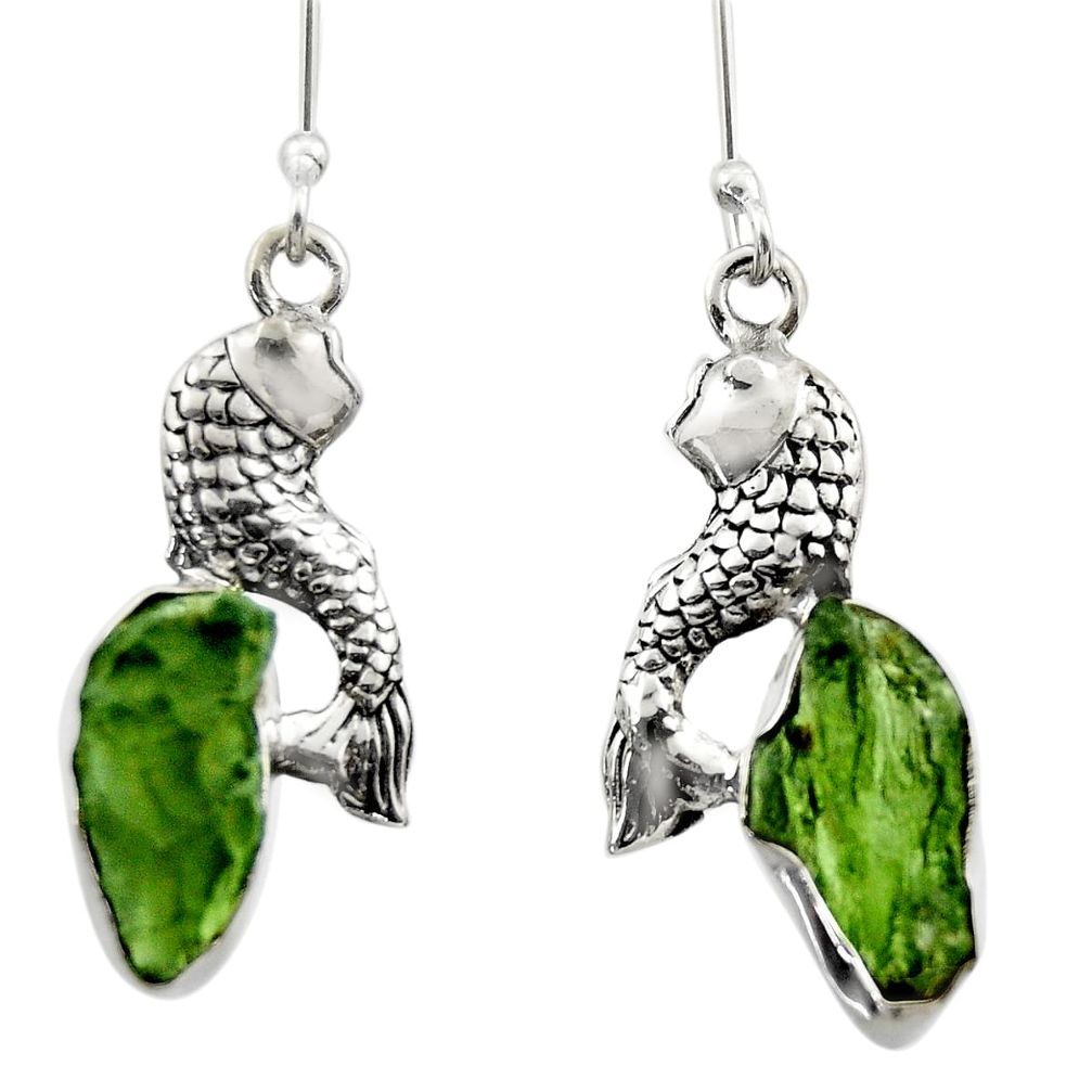 9.96cts natural green moldavite (genuine czech) 925 silver fish earrings r29531