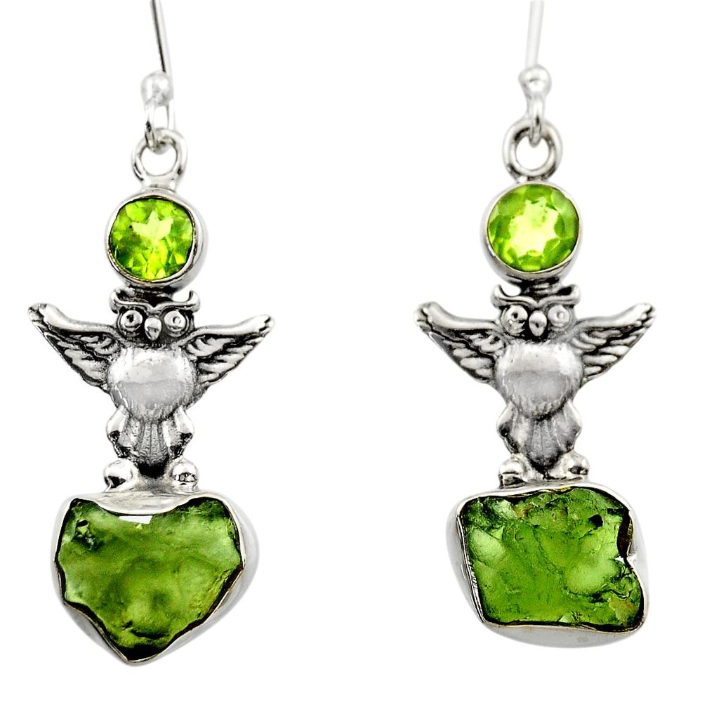 8.78cts natural green moldavite (genuine czech) 925 silver owl earrings r29528