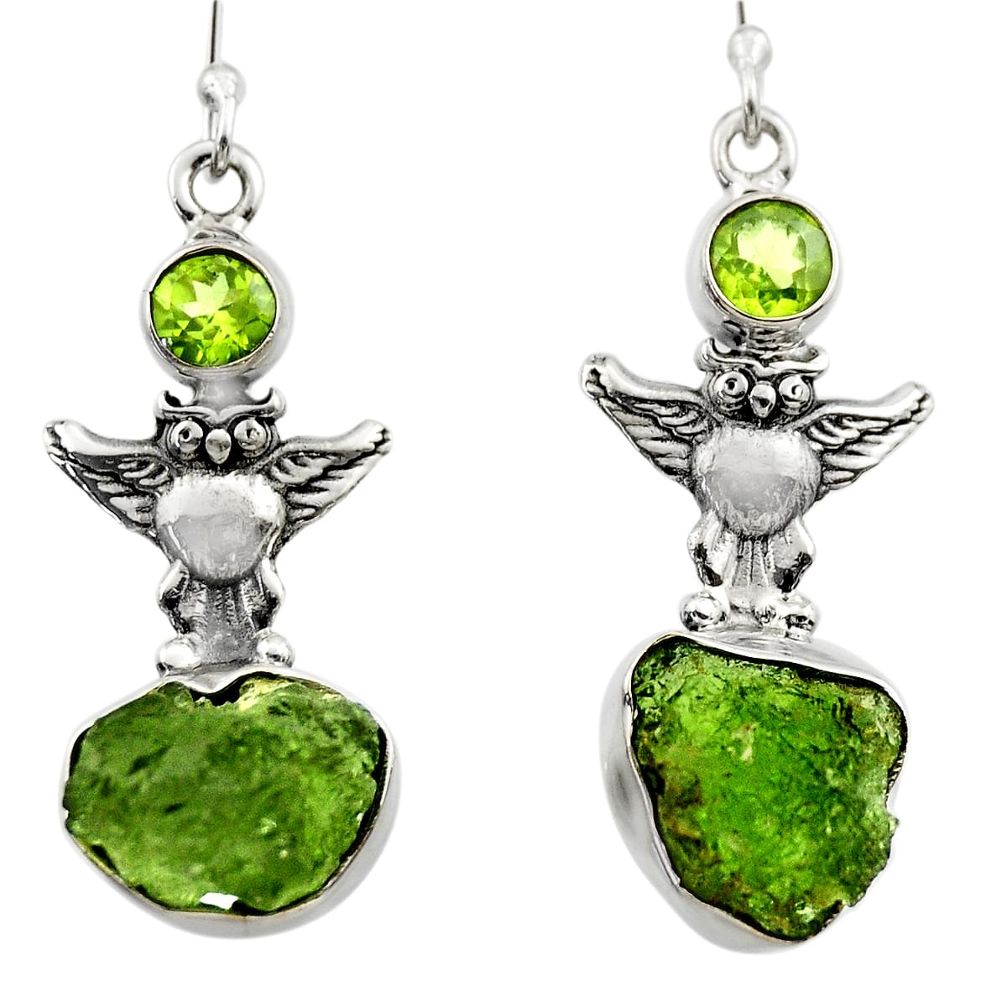 11.66cts natural green moldavite (genuine czech) 925 silver owl earrings r29529