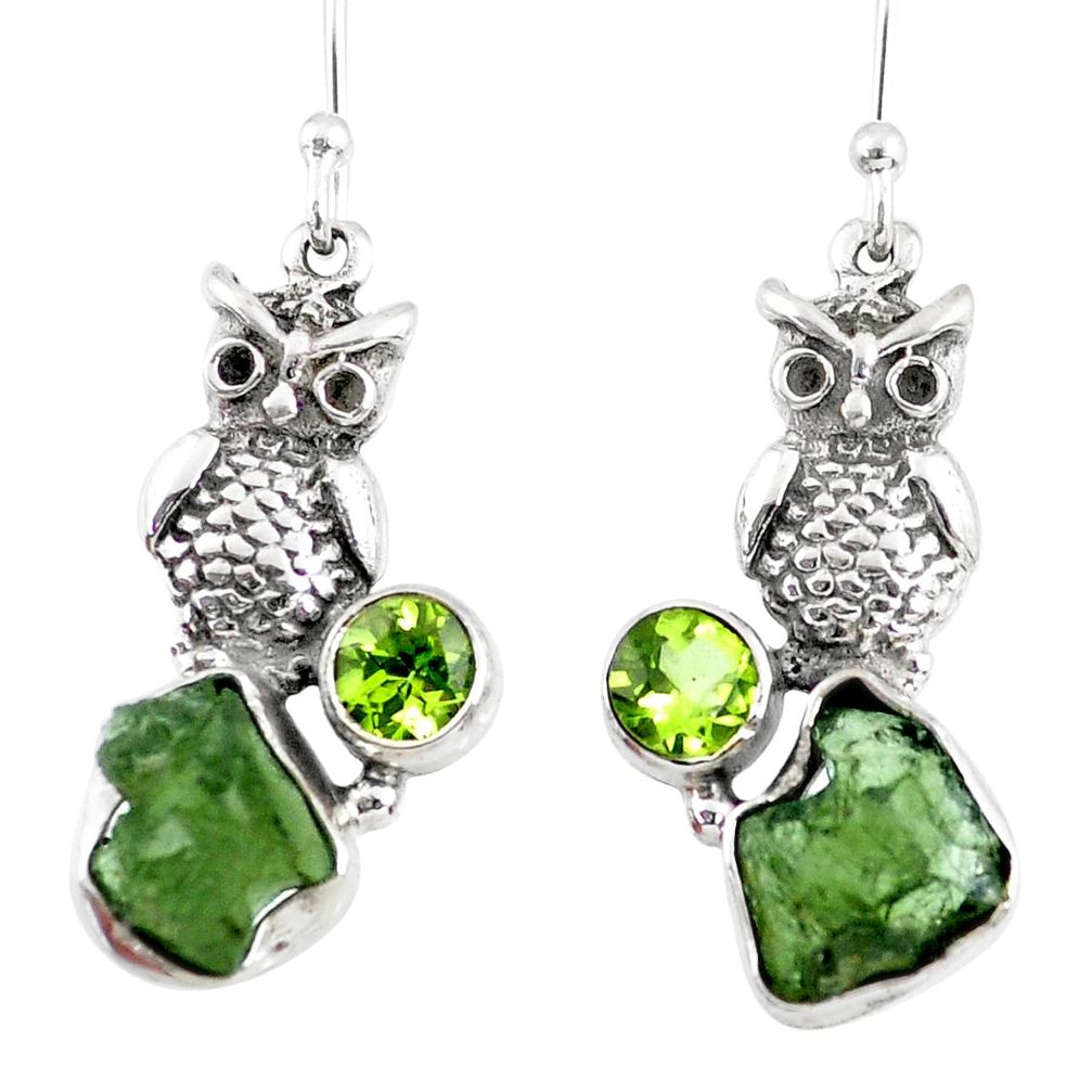 9.99cts natural green moldavite (genuine czech) 925 silver owl earrings r57333