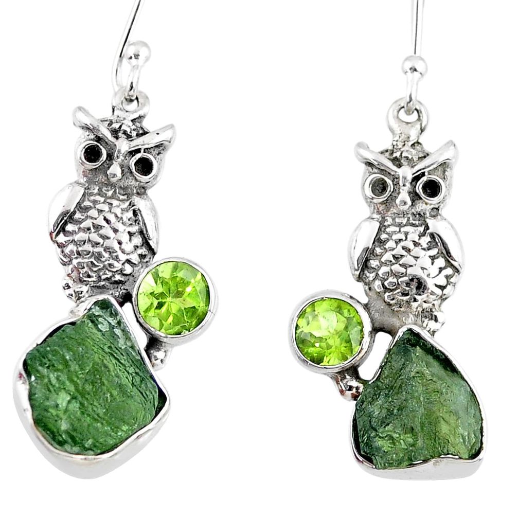 10.41cts natural green moldavite (genuine czech) 925 silver owl earrings r57336