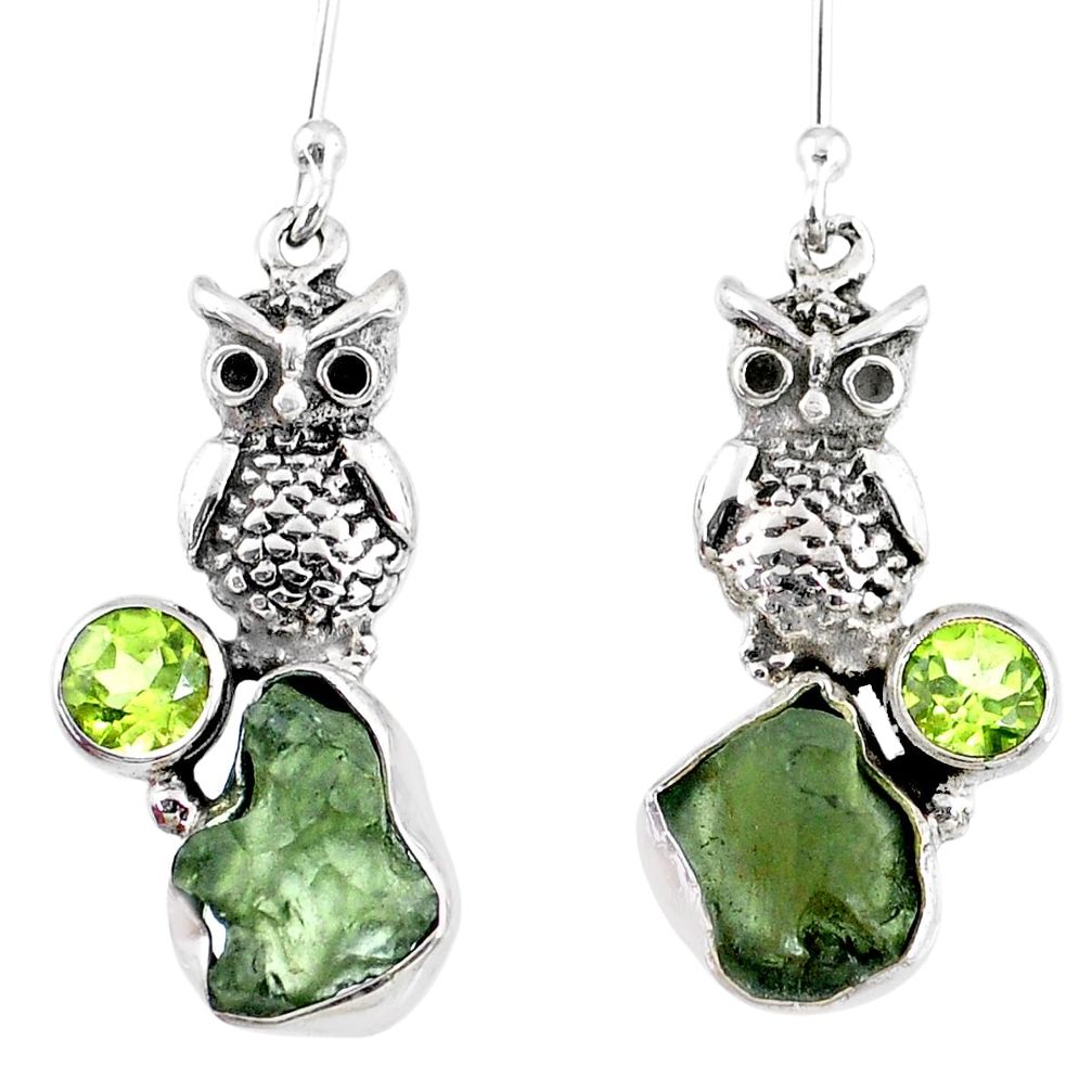 10.41cts natural green moldavite (genuine czech) 925 silver owl earrings r57338