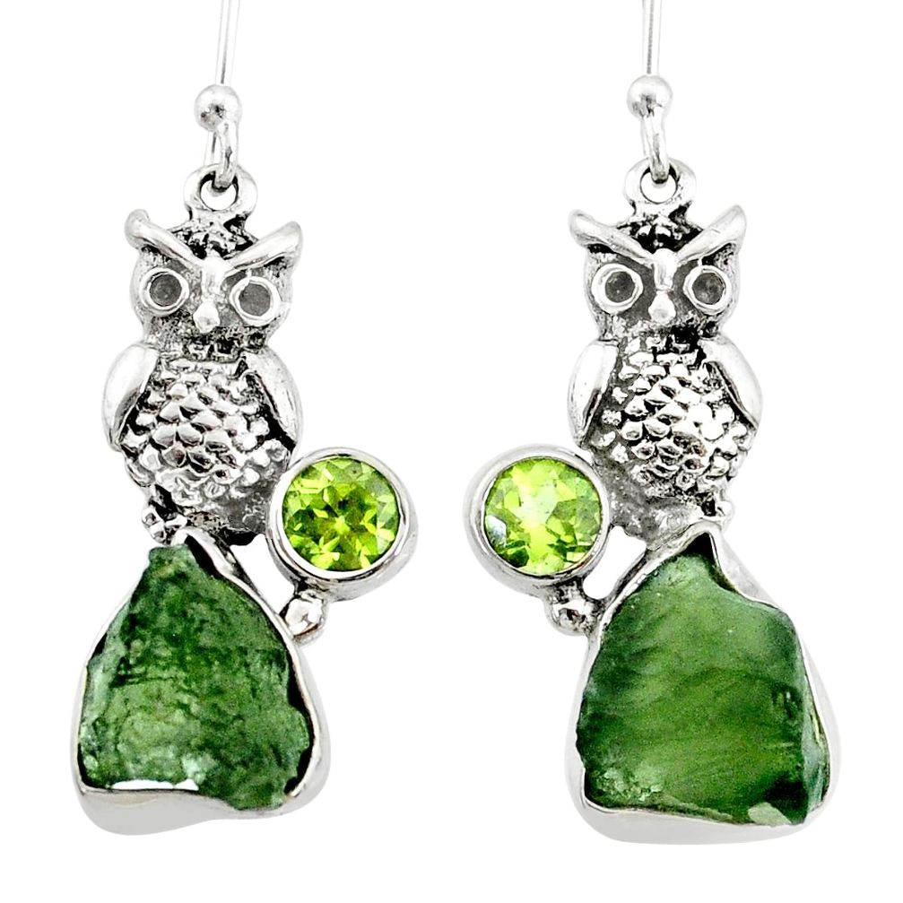 11.89cts natural green moldavite (genuine czech) 925 silver owl earrings r71981