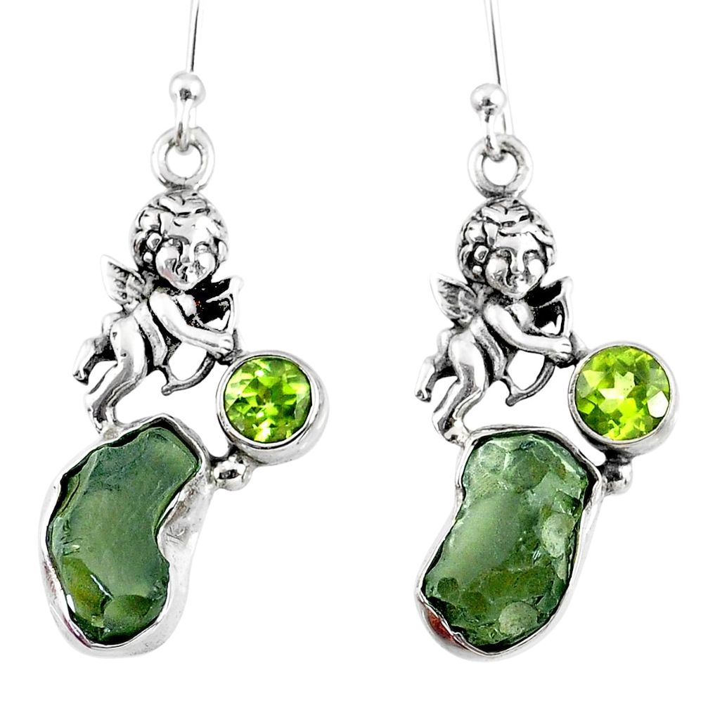 10.13cts natural green moldavite (genuine czech) silver angel earrings r57263
