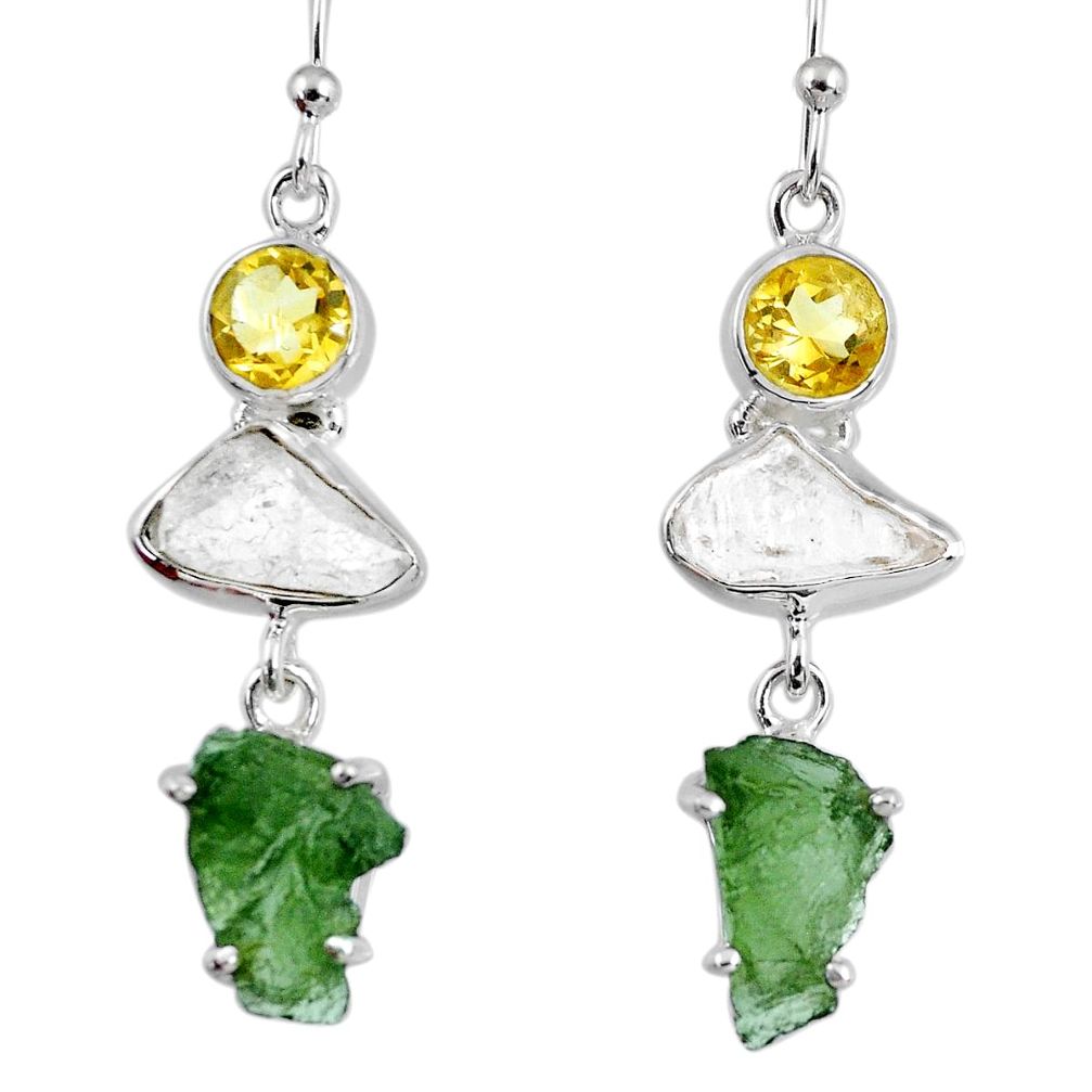16.17cts natural green moldavite (genuine czech) silver dangle earrings r56948