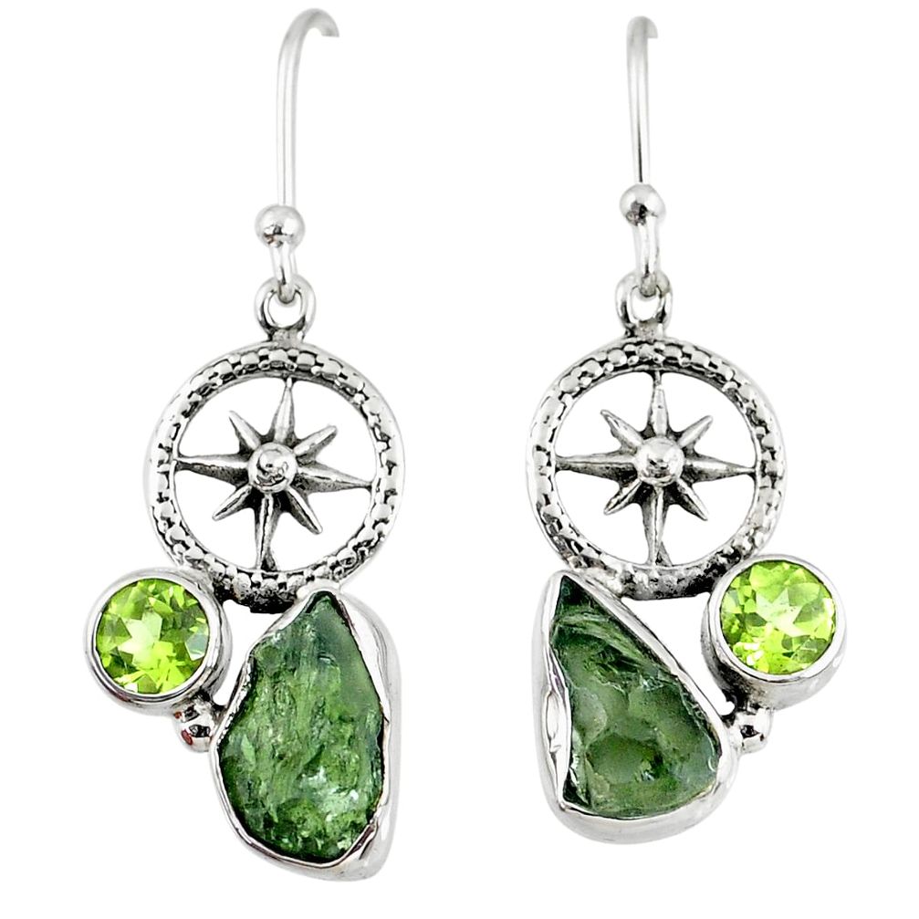 8.49cts natural green moldavite (genuine czech) silver dangle earrings r57312