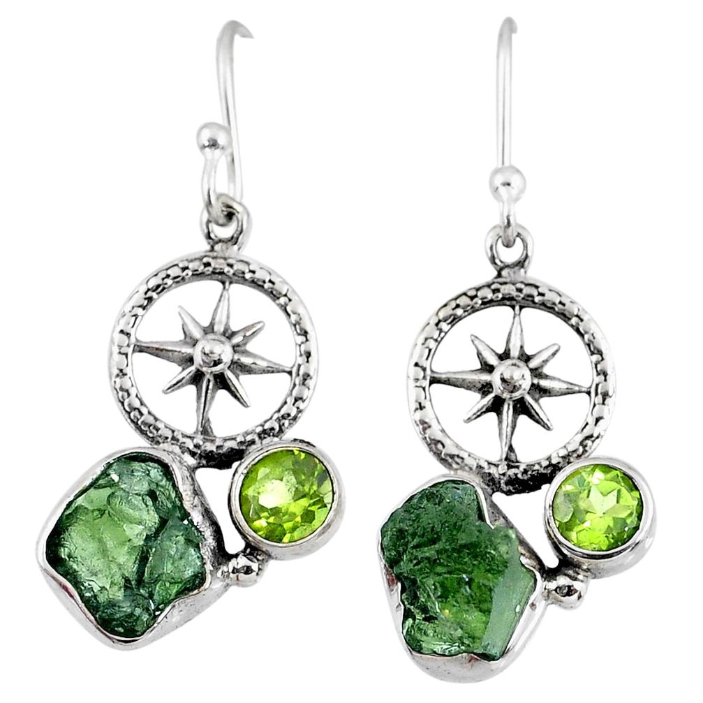 8.07cts natural green moldavite (genuine czech) silver dangle earrings r57313