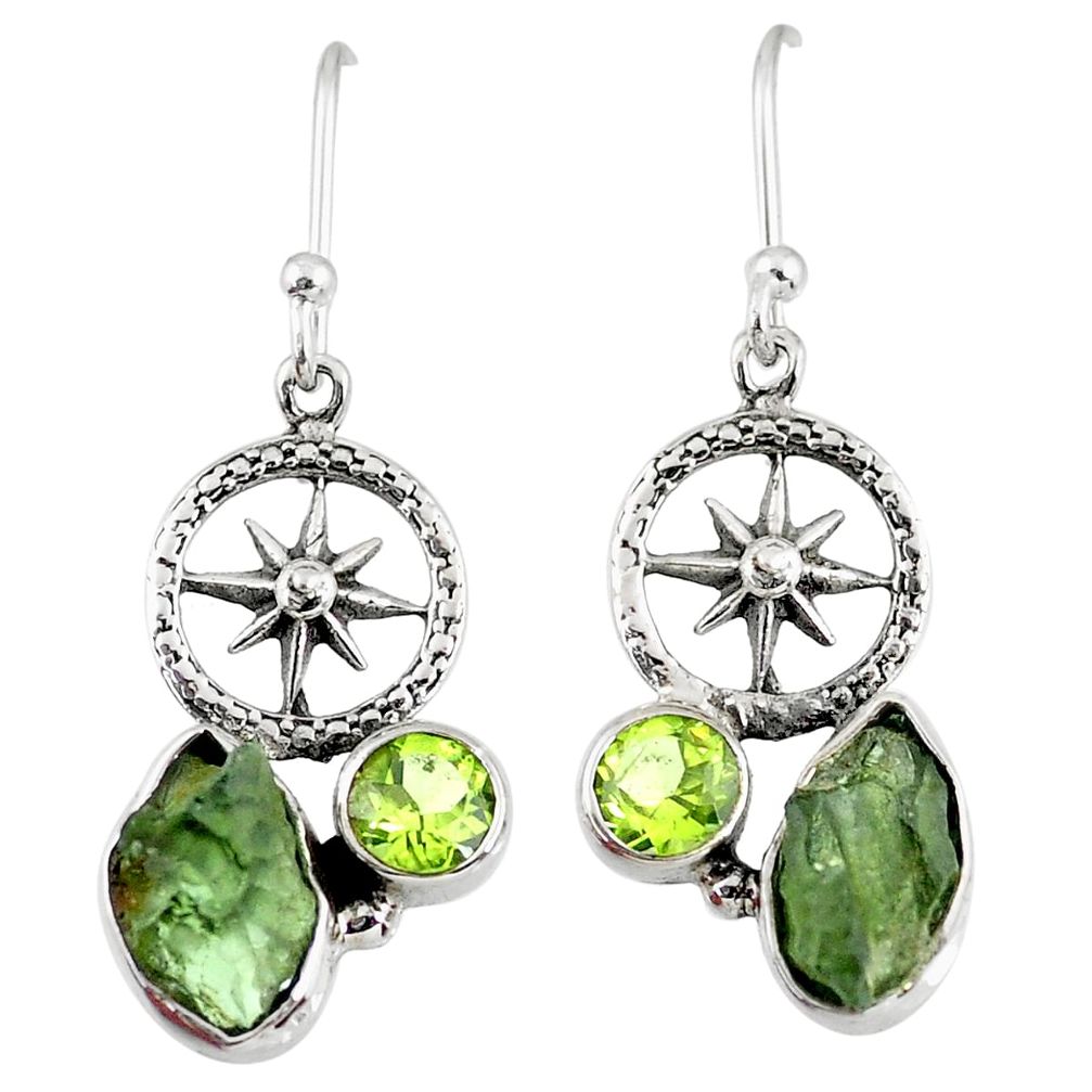 7.66cts natural green moldavite (genuine czech) silver dangle earrings r57316