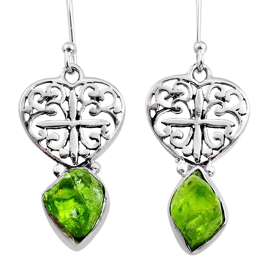 8.76cts natural green raw peridot crystal silver dangle earrings r65960