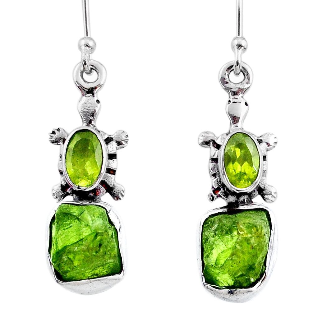 8.97cts natural green raw peridot crystal silver dangle earrings r65974