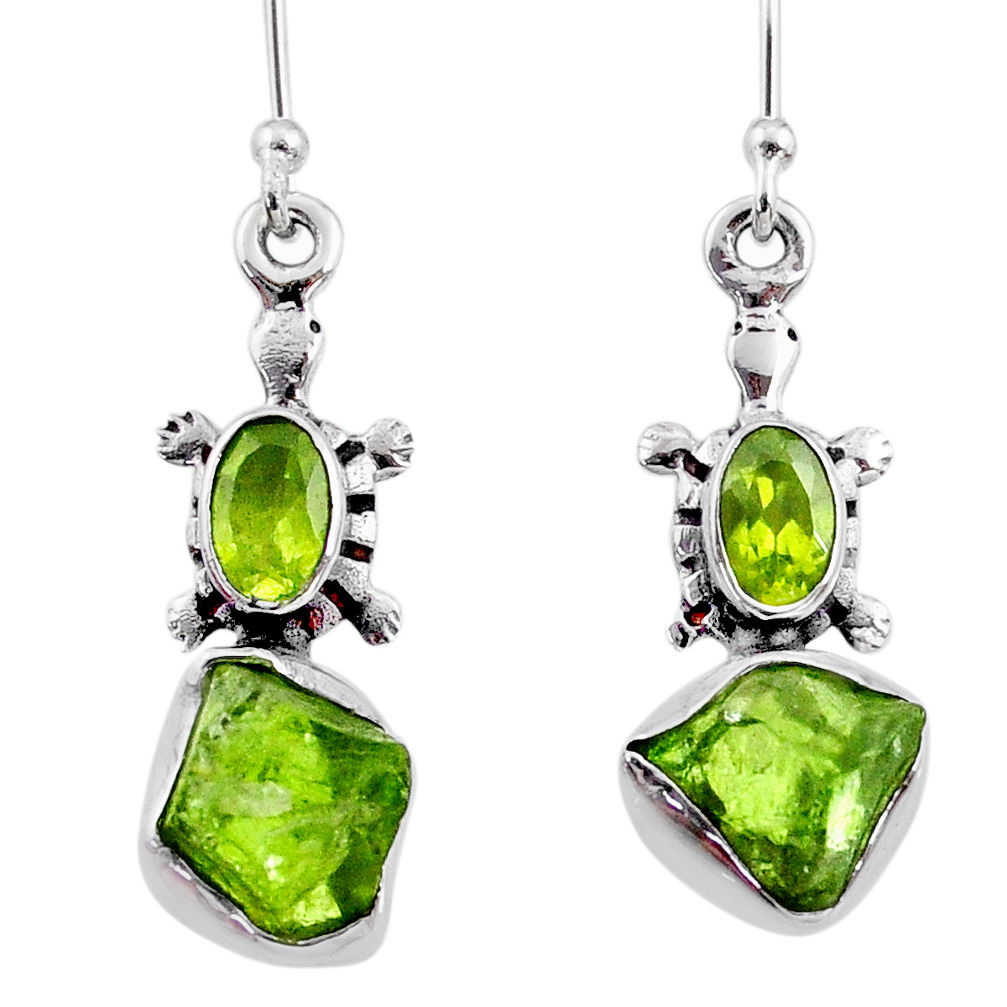 8.76cts natural green raw peridot crystal silver dangle earrings r65976