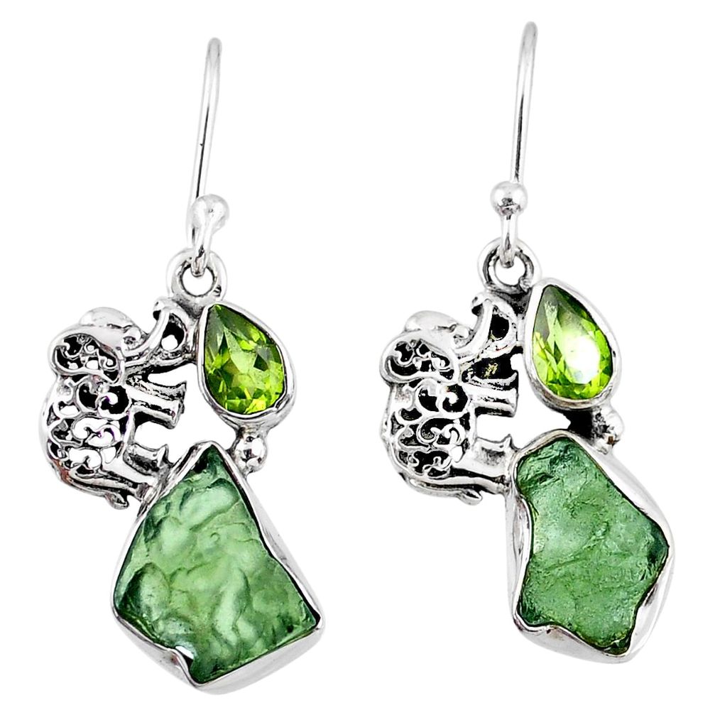 8.80cts natural green moldavite (genuine czech) silver elephant earrings r57292