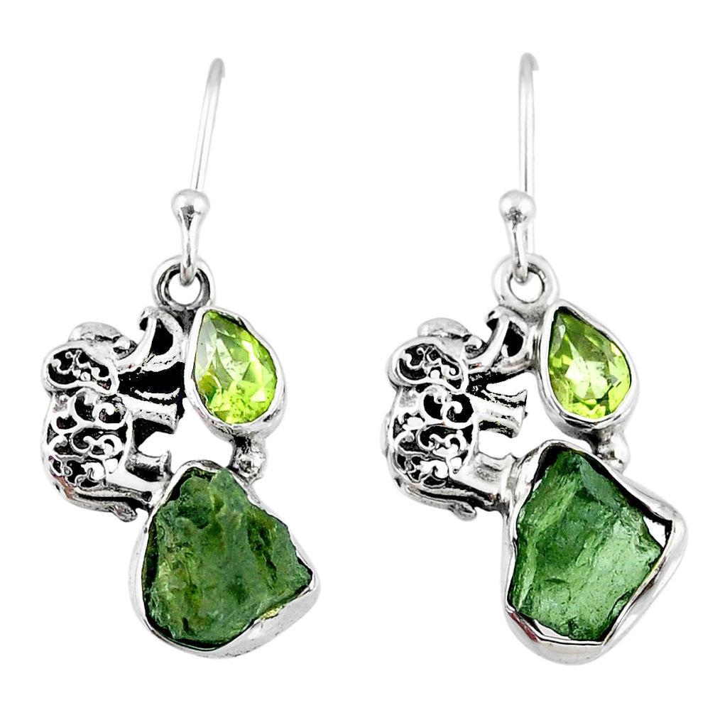 8.78cts natural green moldavite (genuine czech) silver elephant earrings r57293
