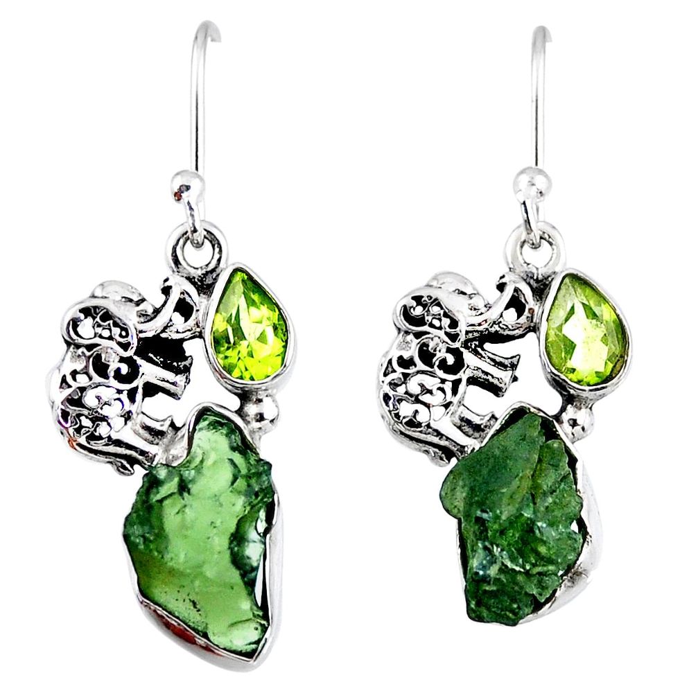 8.89cts natural green moldavite (genuine czech) silver elephant earrings r57295
