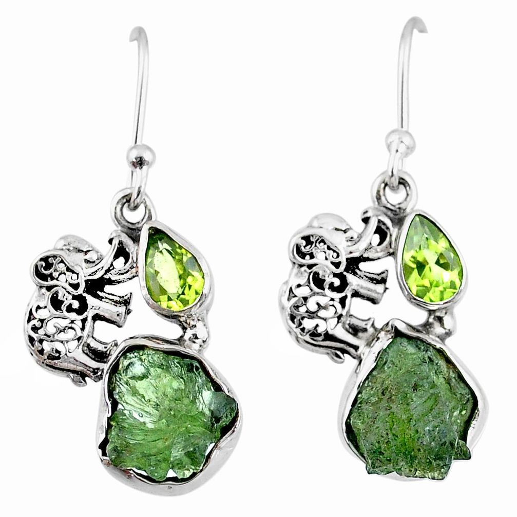 9.29cts natural green moldavite (genuine czech) silver elephant earrings r57299