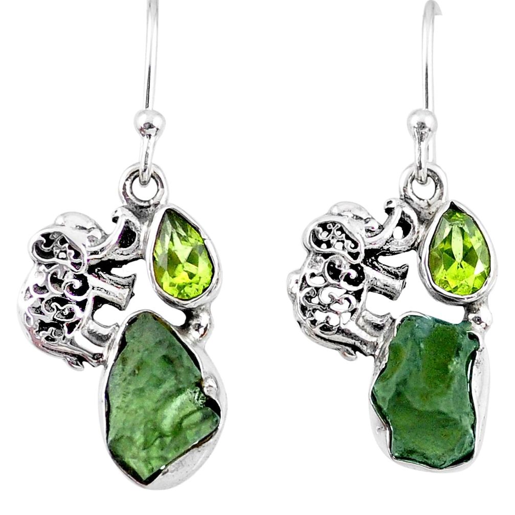 9.18cts natural green moldavite (genuine czech) silver elephant earrings r57300