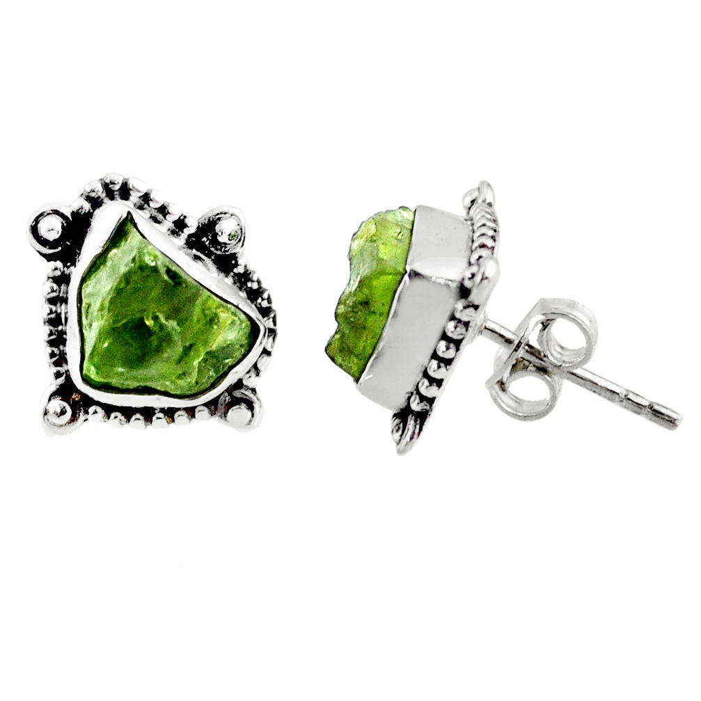 8.51cts natural green raw peridot crystal silver stud earrings r66025