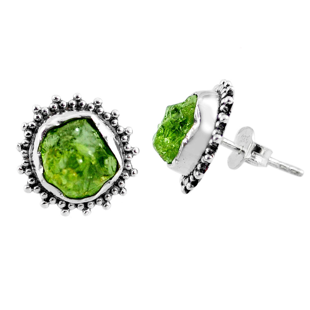 8.93cts natural green raw peridot crystal silver stud earrings r66033