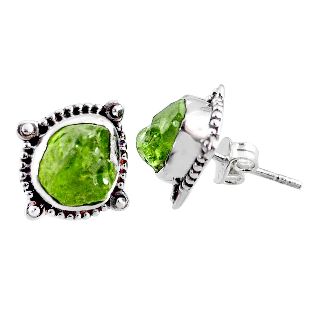 8.51cts natural green raw peridot crystal silver stud earrings r66040