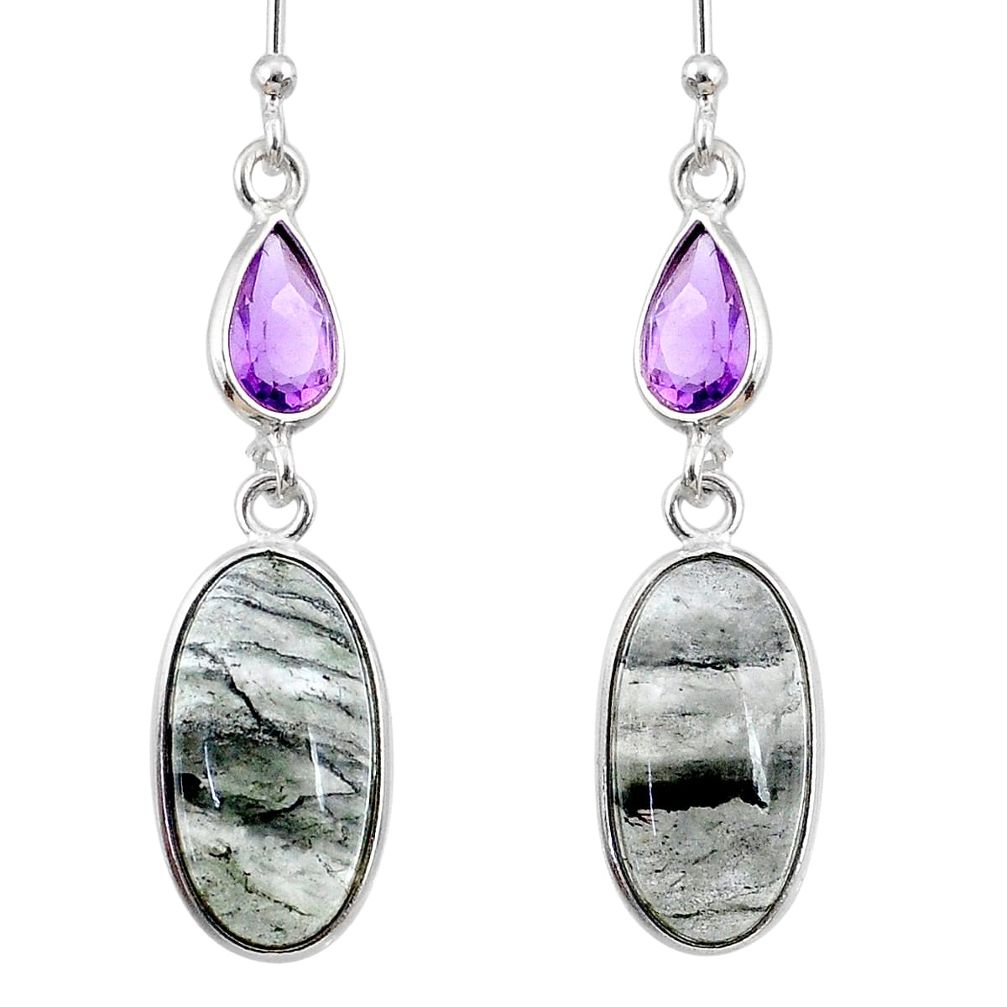 11.28cts natural green moss agate amethyst 925 silver dangle earrings r68305
