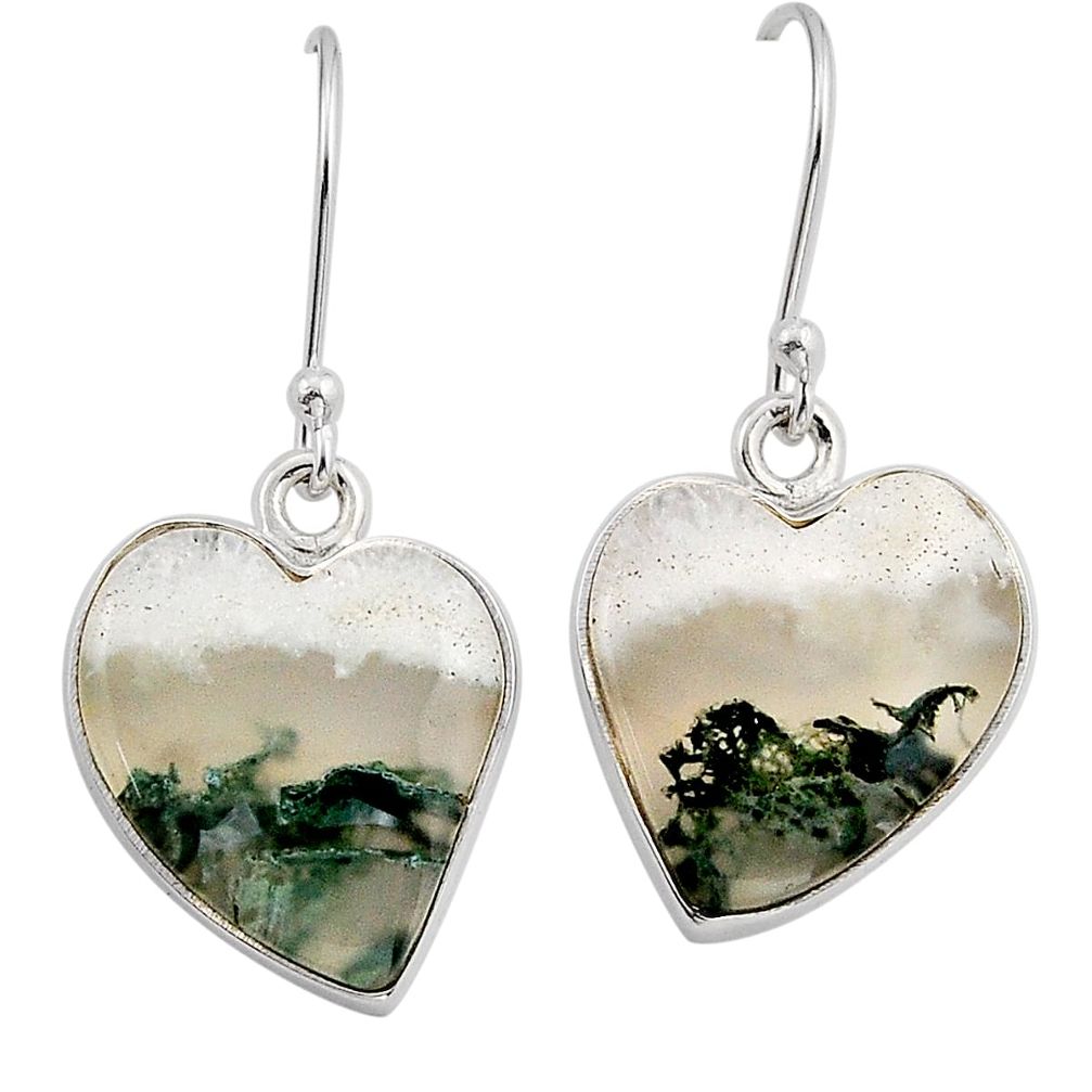 16.03cts natural green moss agate heart sterling silver dangle earrings n8770