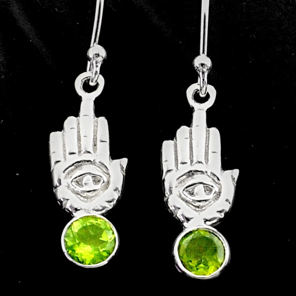 1.63cts natural green peridot 925 silver hand of god hamsa earrings t62790