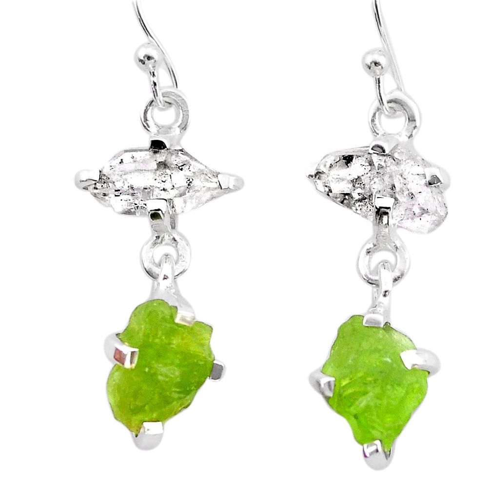 10.06cts natural green peridot rough herkimer diamond silver earrings t25662