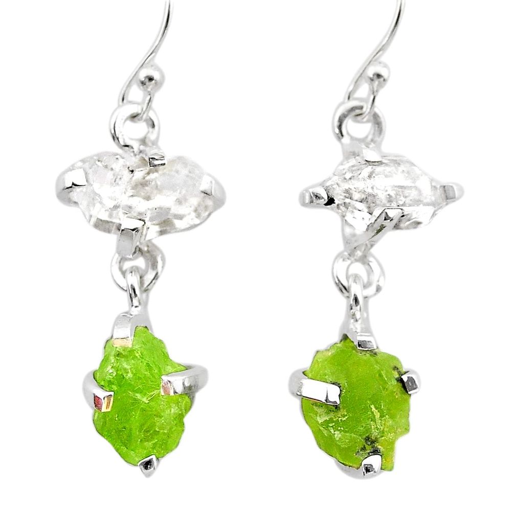 11.10cts natural green peridot rough herkimer diamond silver earrings t25666