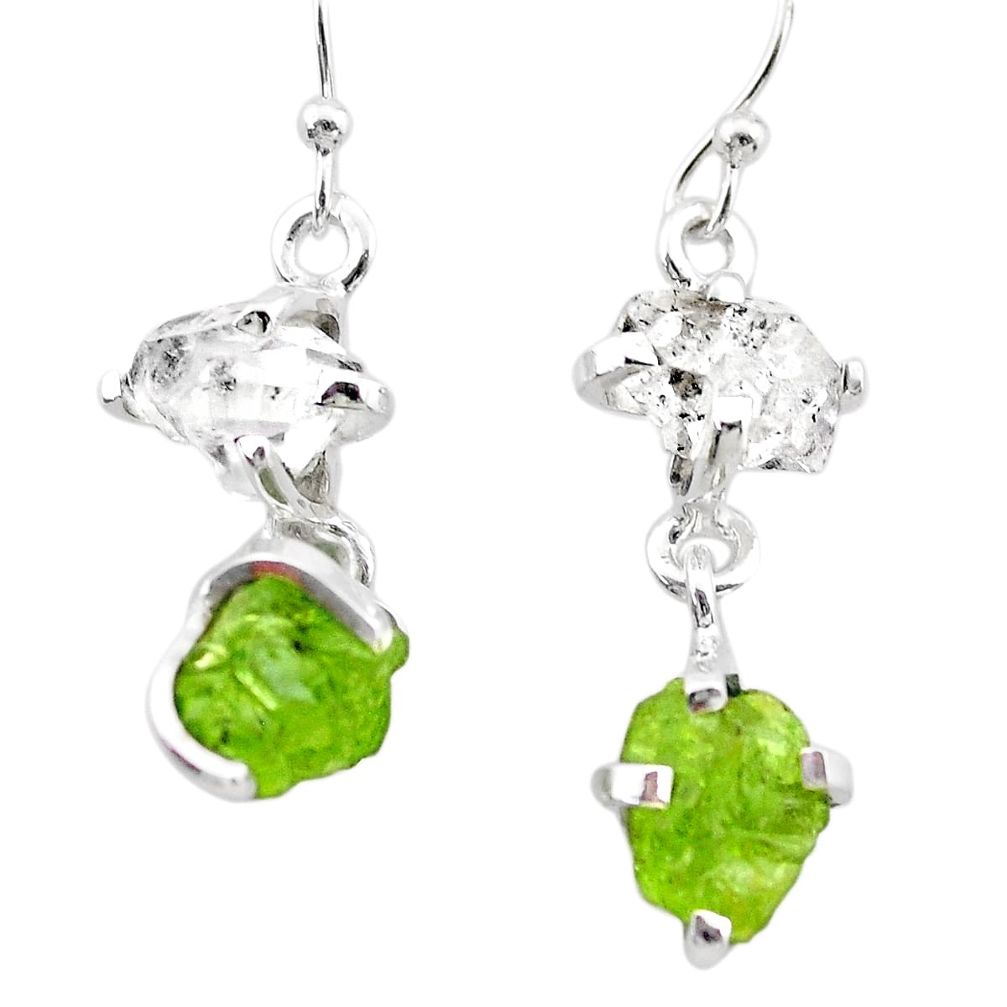 11.62cts natural green peridot rough herkimer diamond silver earrings t25667