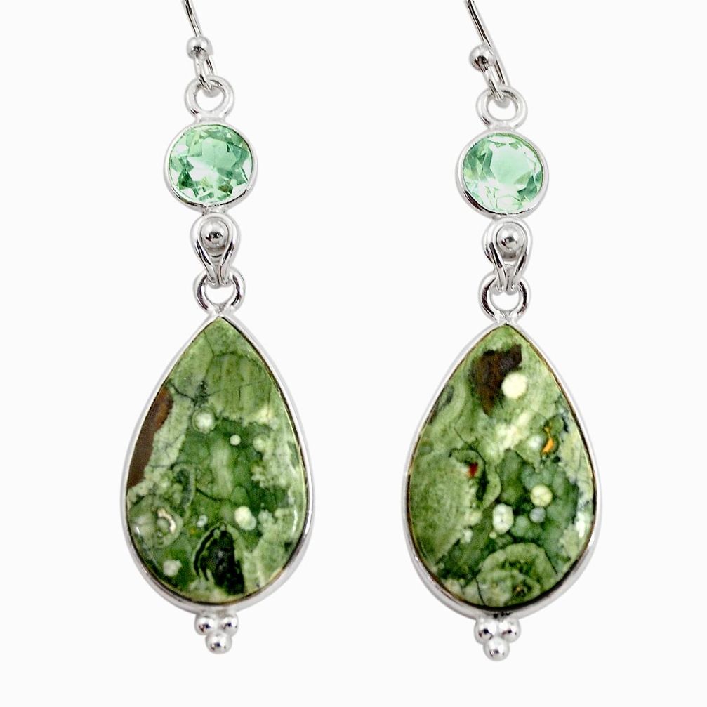 18.18cts natural green rainforest rhyolite jasper 925 silver earrings r30432