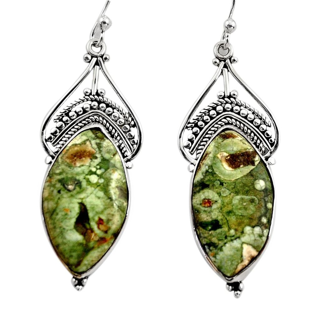 18.28cts natural green rainforest rhyolite jasper silver dangle earrings r30217