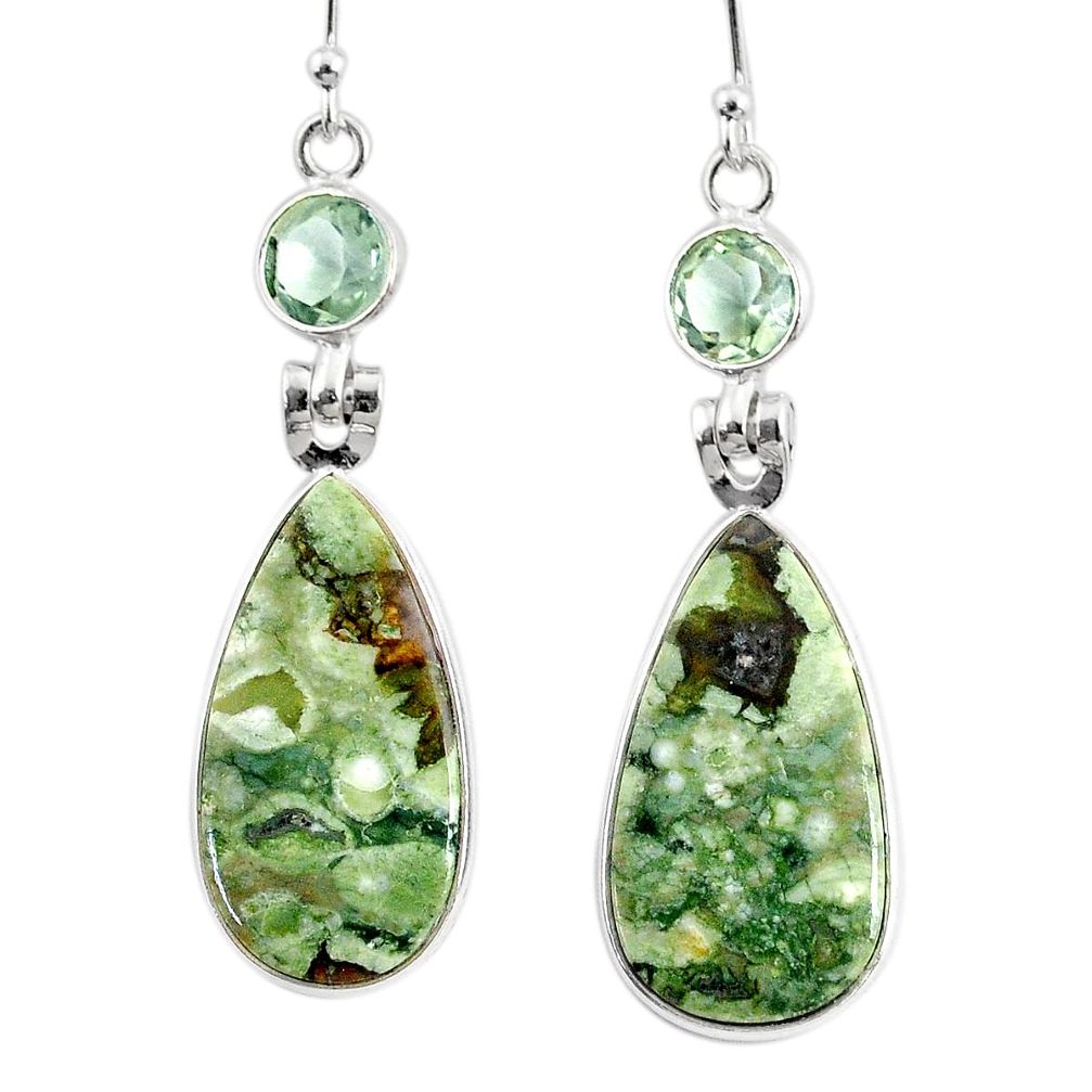 17.32cts natural green rainforest rhyolite jasper silver dangle earrings r75652