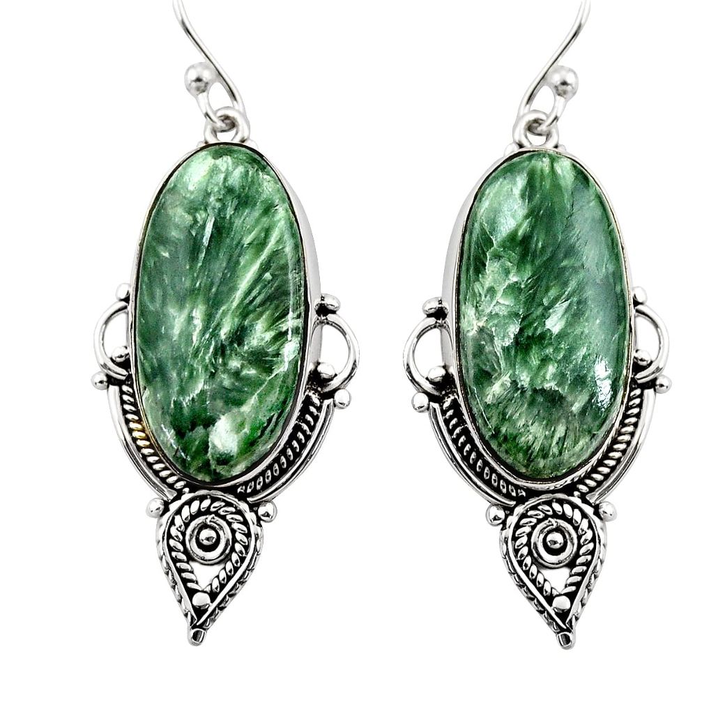 18.68cts natural green seraphinite (russian) 925 silver dangle earrings r30233