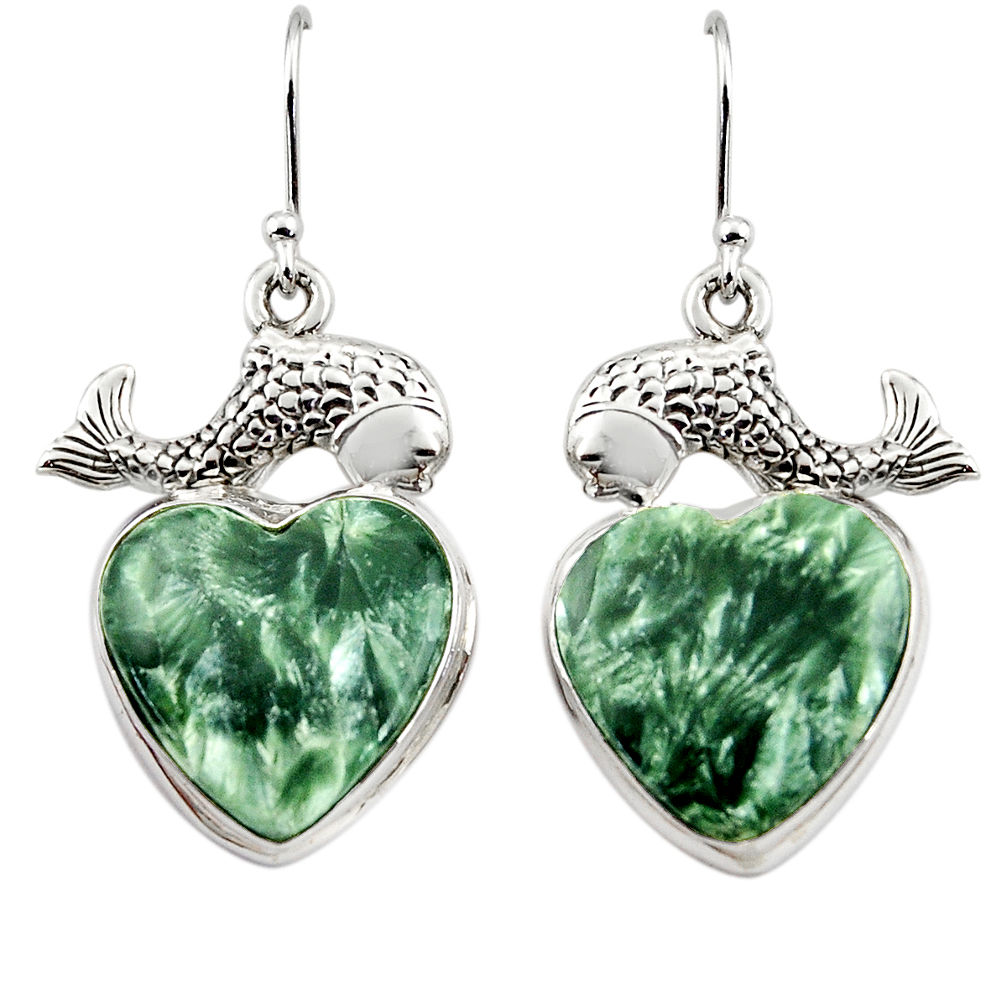 25.35cts natural green seraphinite (russian) 925 silver fish earrings r45269