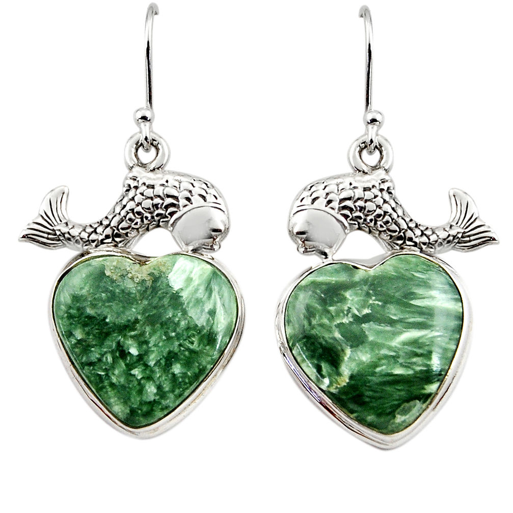 24.08cts natural green seraphinite (russian) 925 silver fish earrings r45271