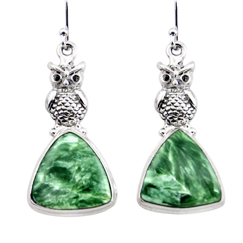 19.30cts natural green seraphinite (russian) 925 silver owl earrings r45268