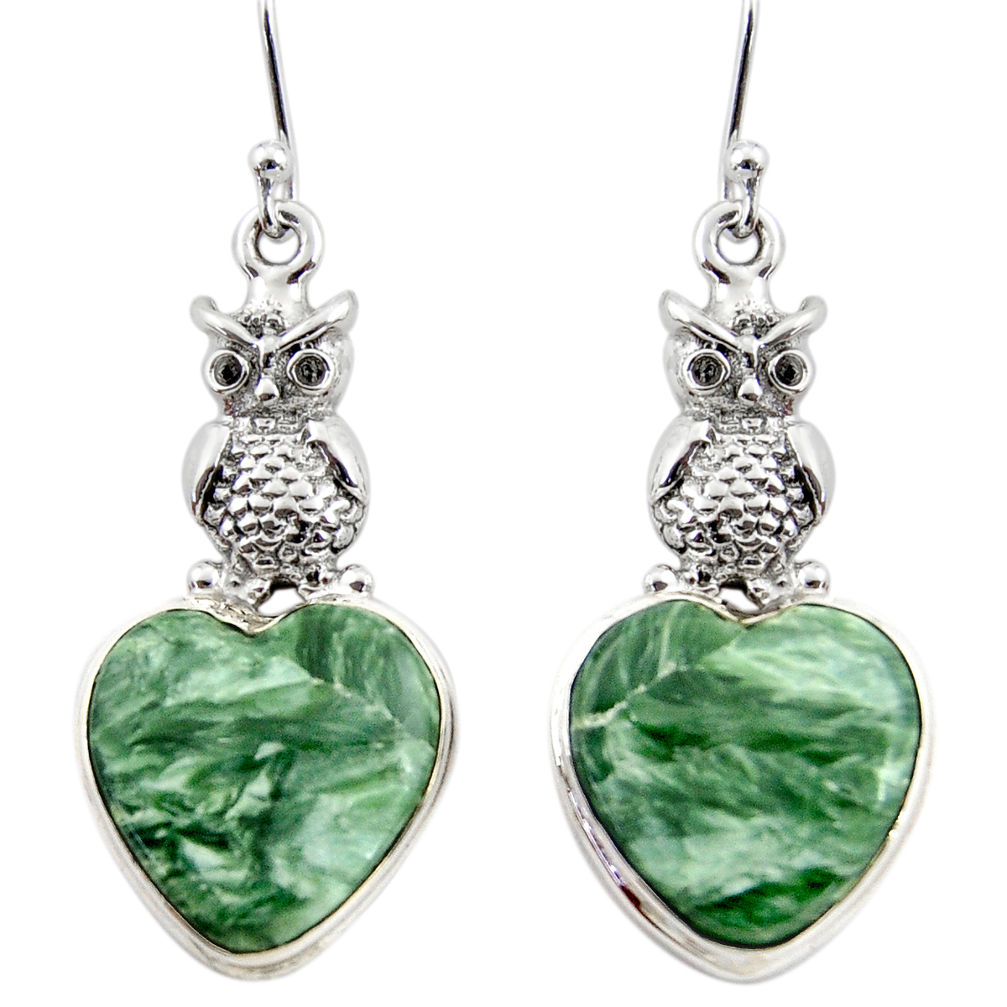 21.60cts natural green seraphinite (russian) 925 silver owl earrings r45273