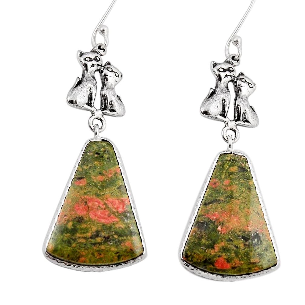 20.65cts natural green unakite 925 sterling silver two cats earrings y50982