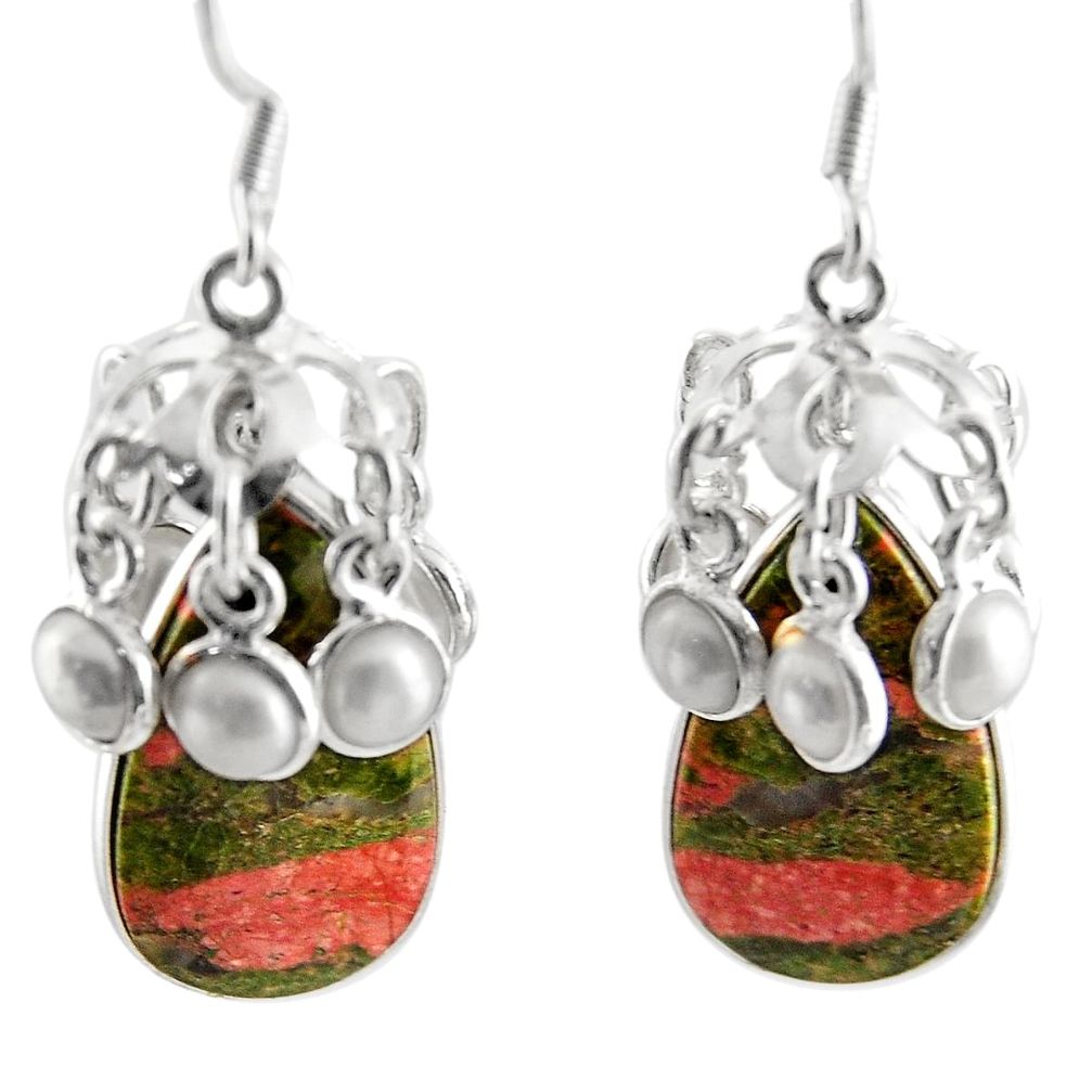 30.49cts natural green unakite pearl 925 sterling silver dangle earrings d45758