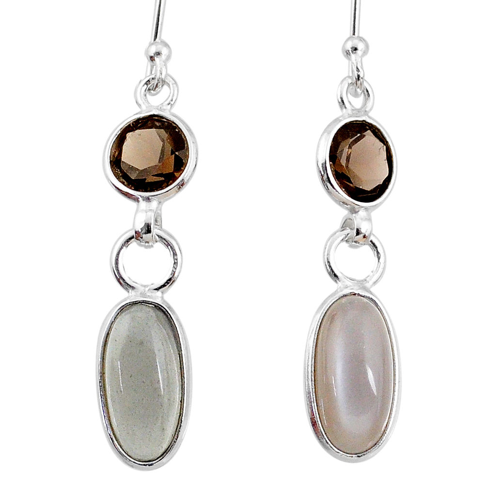 7.53cts natural grey moonstone smoky topaz 925 silver dangle earrings r68311