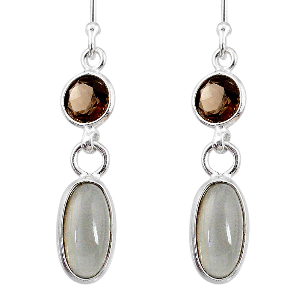 7.36cts natural grey moonstone smoky topaz 925 silver dangle earrings r68315