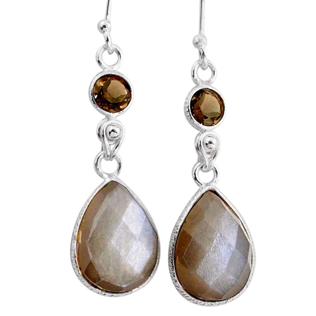 12.52cts natural grey moonstone smoky topaz 925 silver dangle earrings t80887
