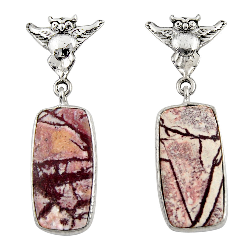  grey sonoran dendritic rhyolite 925 silver owl earrings d39638