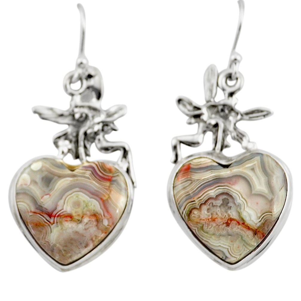 Natural heart laguna lace agate 925 silver angel wings fairy earrings r46956