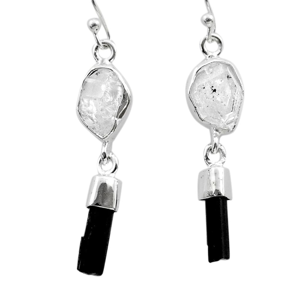 10.78cts natural herkimer diamond tourmaline raw silver dangle earrings t49906