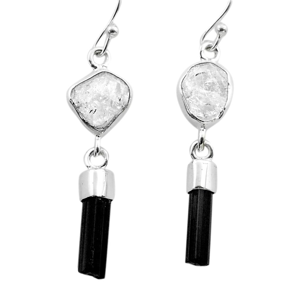 9.67cts natural herkimer diamond tourmaline raw silver dangle earrings t49933