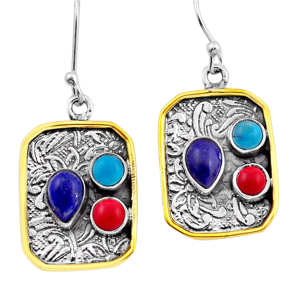 6.83cts natural lapis lazuli turquoise coral silver gold dangle earrings n27878