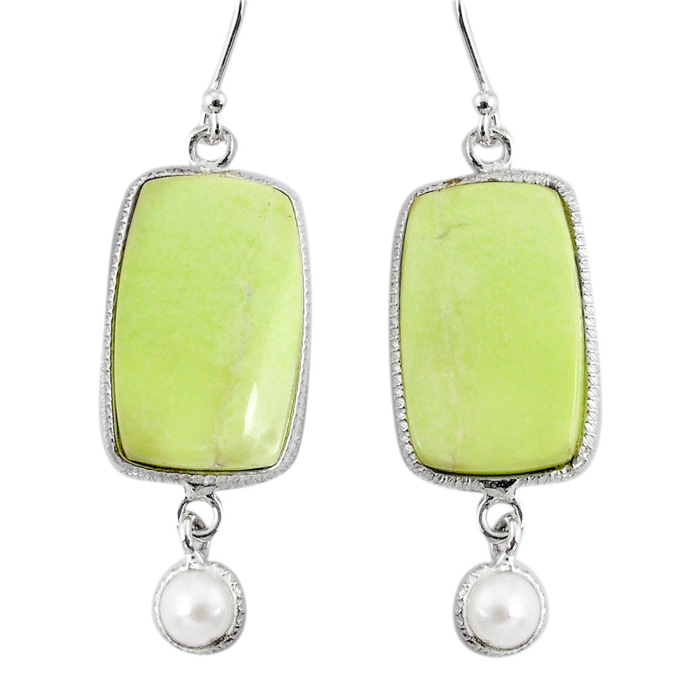 22.78cts natural lemon chrysoprase pearl 925 silver dangle earrings r75812